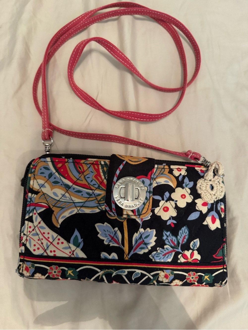 Vera Bradley Black Floral Convertible Crossbody Wallet with Pink Strap